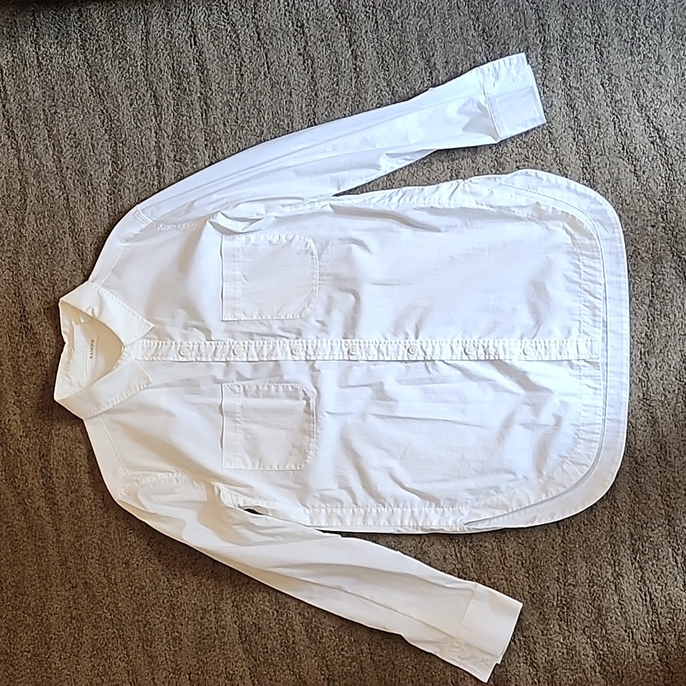 Womans Athleta long white button-down shirt